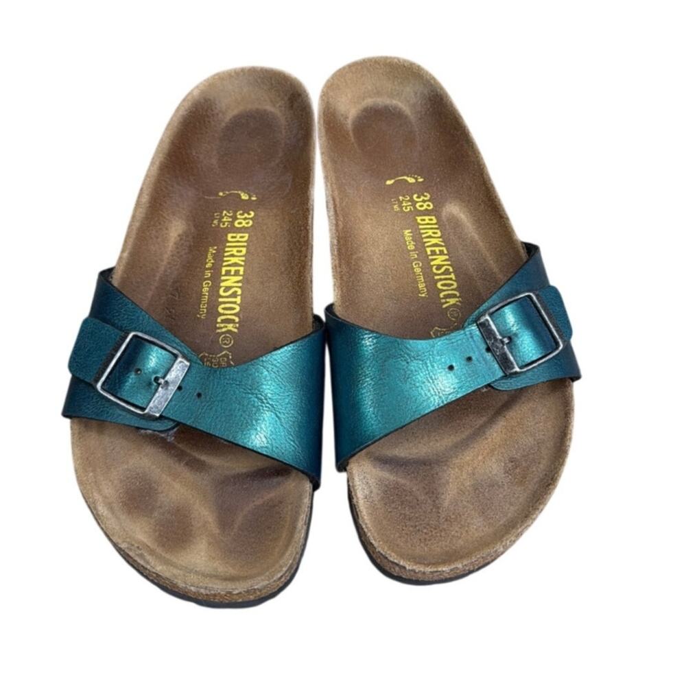 Birkenstock Madrid Metallic Peacock Green Sandals Sz 38 US 7 Single Strap Slide